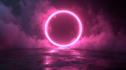 Poster - Round neon light pink glowing softly against black background featuring a laser glow frame with a smoky effect creating a vibrant portal template for futuristic design