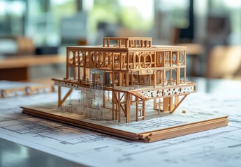 Aufkleber - Detailed Architectural Model of a Modern Building Made from Wood with Blueprint Background Captured in a Bright Studio Environment