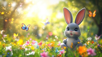 Poster - whimsical easter bunny figure sitting in a field of wildflowers with butterflies flying in the backg