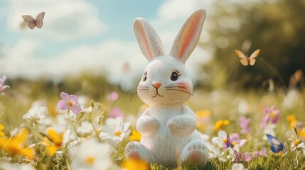 Poster - whimsical easter bunny figure sitting in a field of wildflowers with butterflies flying in the backg