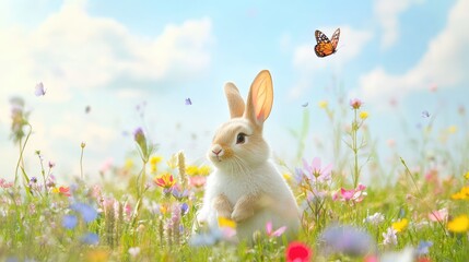 Poster - whimsical easter bunny figure sitting in a field of wildflowers with butterflies flying in the backg
