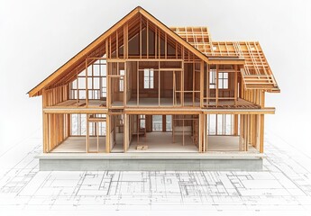 Aufkleber - Detailed Architectural Model of a Residential Building Under Construction with Exposed Wooden Frames and Blueprints on the Studio Floor