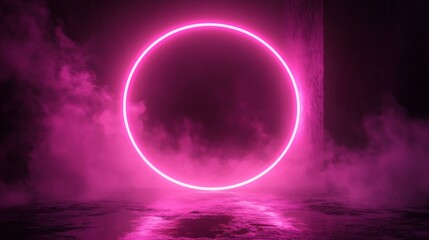 Poster - Round neon light pink glowing softly against black background featuring a laser glow frame with a smoky effect creating a vibrant portal template for futuristic design