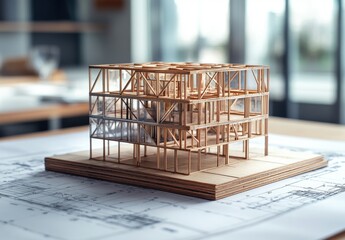 Aufkleber - Detailed Architectural Model of Modern Building Design on Drafting Table Surrounded by Soft Natural Light in Contemporary Workspace Setting
