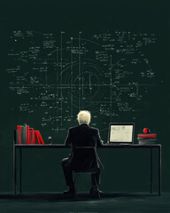 Poster - A peaceful scene of a physicist contemplating the theory of relativity in a minimalist study, surrounded by books and mathematical equations on the walls,