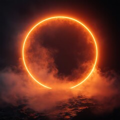Poster - Shimmering round neon orange light surrounded a vibrant laser glow and misty smoke set against a black backdrop perfect for a dynamic and eyecatching portal design