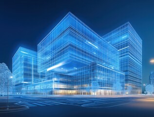 Aufkleber - Futuristic Architectural Design of Transparent Glass Buildings at Night with Blue Neon Accents and Sleek Linear Features in an Urban Environment