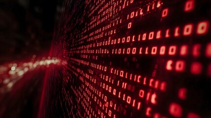 Binary code background, black and red color matrix, with lines creating a technological atmosphere