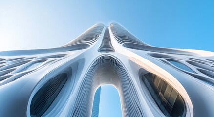 Poster - Futuristic Architectural Marvel Under Bright Blue Skyline Illustrating Innovative Design and Modern Aesthetics with Unique Curved Structures and Dramatic Lines