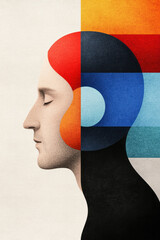 Aufkleber - An abstract illustration of the concept of dualism, depicting the separation of mind and body through contrasting colors and shapes,