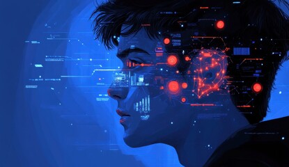 Poster - Futuristic Portrait of Young Male with Digital Interface Overlay Representing Technology, Data, and Artificial Intelligence Concepts in a Vibrant Blue Background