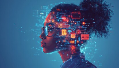 Poster - Futuristic Woman with Glasses Surrounded by Digital Elements Representing Technology, Data, and Artificial Intelligence in a Neon Blue and Red Color Scheme