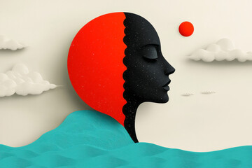 Aufkleber - An abstract illustration of the concept of dualism, depicting the separation of mind and body through contrasting colors and shapes,