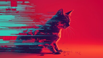 Wall Mural - Glitching Cat Digital Art Red Background