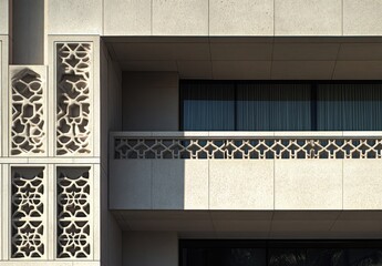 Aufkleber - Intricate Geometric Patterns on Modern Architectural Facade with Balconies and Light Play Reflecting Contemporary Design Aesthetics and Cultural Heritage