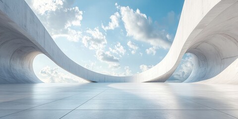 Poster - Modern architectural design featuring elegant curved structures against a clear blue sky with white clouds, showcasing minimalist aesthetics and open space