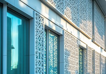 Poster - Modern architectural design featuring intricate white lattice patterns on building facade, reflecting sunlight through glass windows, creating artistic shadows and visual appeal.