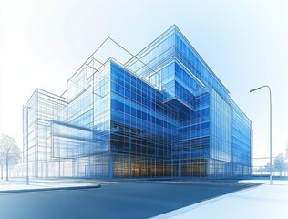 Aufkleber - Modern Architectural Design of a Blue Glass Building Highlighting Innovative Structural Elements Against a Clear Sky and Urban Street Setting