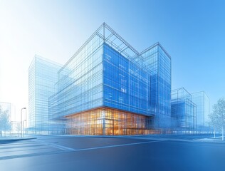 Aufkleber - Modern Architectural Design of a Futuristic Building with Glass Facades and Innovative Structures Emphasizing Transparency and Aesthetic Appeal in Urban Landscape
