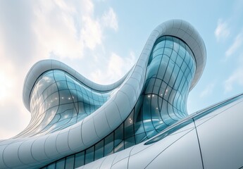 Aufkleber - Modern architectural design showcasing a smooth, flowing exterior with expansive glass panels against a bright sky highlighting innovative urban development and creativity.