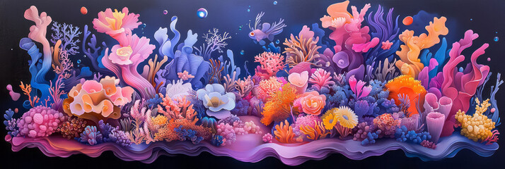 Poster - A vibrant underwater scene painting with colorful marine life and intricate coral formations, creating a mesmerizing aquatic world,
