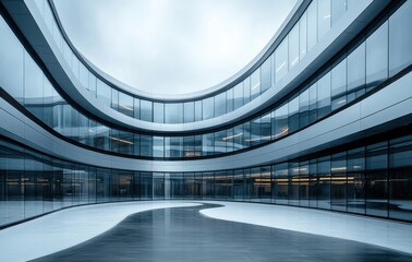 Poster - Modern Architectural Interior with Curved Glass Facades and Minimalist Design in a Bright, Open Space Featuring Symmetrical Lines and Soft Lighting
