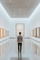 Poster - A serene scene of a modern art museum with abstract sculptures and minimalist paintings displayed in a spacious, well-lit gallery,