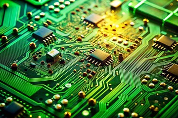 Poster - Close-up of Green Circuit Board with Integrated Components, Rule of Thirds Composition