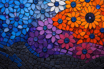Poster - A detailed close-up of a mosaic artwork, featuring tiny tiles arranged in intricate patterns and vibrant colors to create a stunning image,