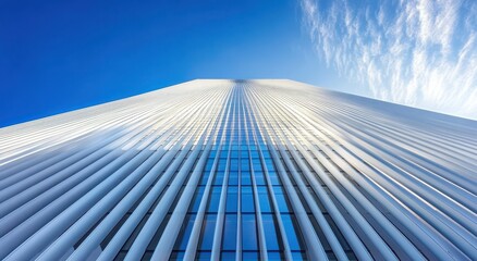 Aufkleber - Modern architectural masterpiece showcasing a unique facade and expansive glass windows reaching towards a bright blue sky with wispy clouds
