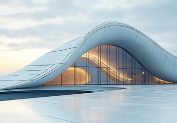 Aufkleber - Modern architectural structure with flowing curves and smooth lines, featuring glass elements and a sleek exterior, set against a dramatic sky at twilight.