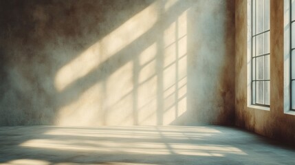 Poster - Sunlight streams through large window casting soft shadows on a beige wall in a modern studio creating an ethereal atmosphere with white rays illuminating the empty space