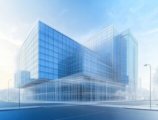 Aufkleber - Modern Architecture Concept of a Futuristic Glass Building with Abstract Design in Urban Environment Under Clear Blue Sky and Soft Light Enhancing Its Structure