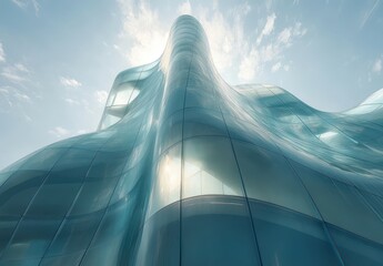 Aufkleber - Modern architecture featuring a futuristic building design with fluid lines, glass surfaces, and a skyward perspective in a bright atmosphere