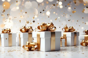 Wall Mural - A festive scene with white gift boxes adorned with golden bows and surrounded by gold sequin confetti, falling and flying through the air against a clean white background, captured in high-definition.