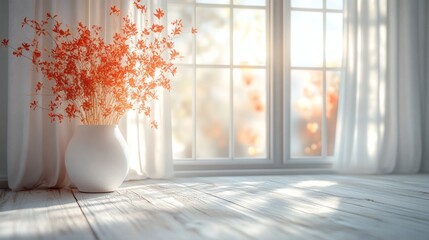 Poster - First rays of beautiful morning sunlight streaming into a chic white apartment illuminating stylish decor elements and creating a tranquil atmosphere ideal for interior design inspiration