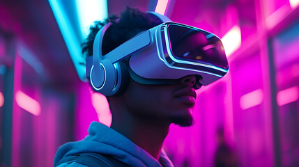 Man wearing VR headset in neon pink and blue lighting