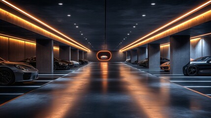 Fototapete - Interior of a spacious underground garage with rows of parking spots featuring dark concrete walls that create a sleek and modern urban atmosphere perfect for showcasing car designs