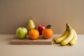 Poster - Assorted Fruits Arranged on Wooden Board Against Neutral Background