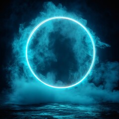 Poster - Vivid turquoise neon light forming round glow with a mesmerizing laser frame and smoke effect creating a stunning template against a dark background for innovative design projects