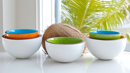 Wall Mural - Colorful Bowls Coconut Tropical Summer Still Life