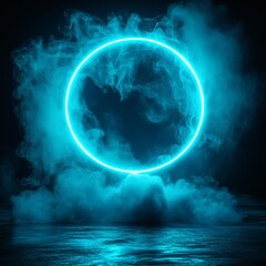 Poster - Vivid turquoise neon light forming round glow with a mesmerizing laser frame and smoke effect creating a stunning template against a dark background for innovative design projects