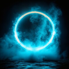 Poster - Vivid turquoise neon light forming round glow with a mesmerizing laser frame and smoke effect creating a stunning template against a dark background for innovative design projects
