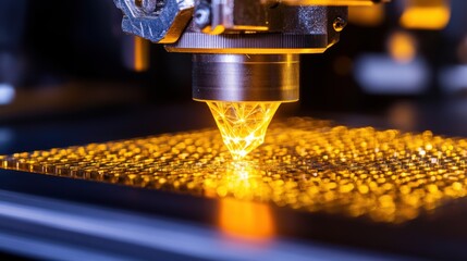 Poster - Close-up of a 3D printer nozzle extruding glowing filament onto a build plate in a workshop
