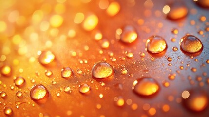 Poster - Water drops forming a bright orange background giving a fresh wet texture with realistic dewdrops creating abstract liquid bubbles on a warm surface
