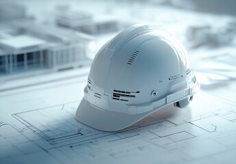 Poster - White construction helmet resting on architectural blueprints, symbolizing safety and professionalism in engineering and design industries, with intricate planning details in the background.