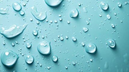 Fototapete - Water drops a light turquoise background creating a refreshing design with a realistic texture of fresh droplets and dewy bubbles scattered across the surface