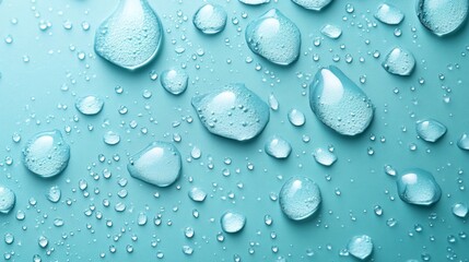 Poster - Water drops a light turquoise background creating a refreshing design with a realistic texture of fresh droplets and dewy bubbles scattered across the surface