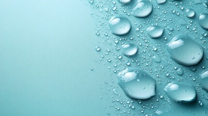 Fototapete - Water drops a light turquoise background creating a refreshing design with a realistic texture of fresh droplets and dewy bubbles scattered across the surface