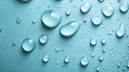 Fototapete - Water drops a light turquoise background creating a refreshing design with a realistic texture of fresh droplets and dewy bubbles scattered across the surface